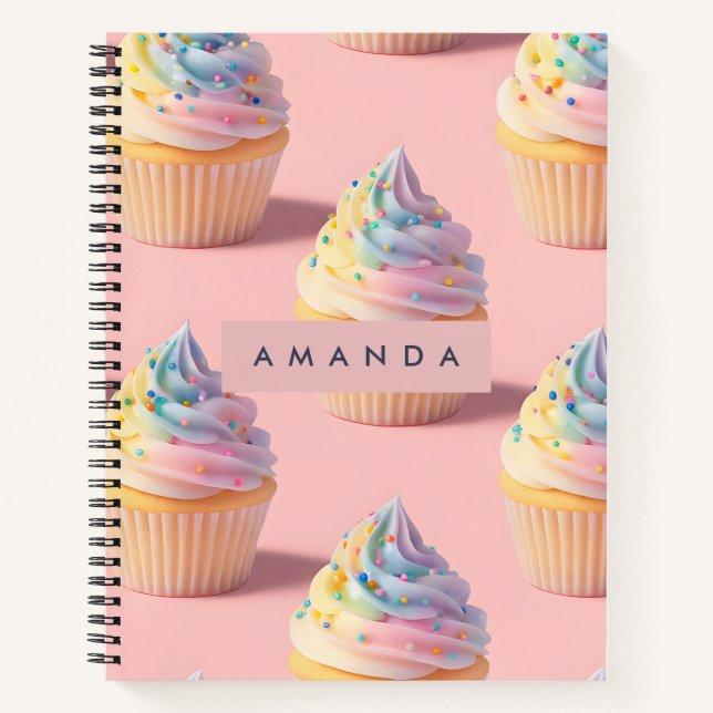 Personalised Pastel Rainbow Cupcake Pattern Notebook (Front)