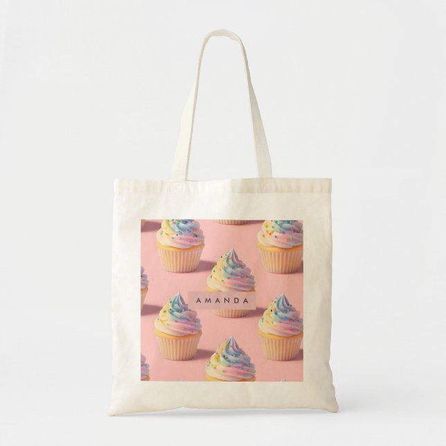 Personalised Pastel Rainbow Cupcake Pattern Tote Bag (Front)