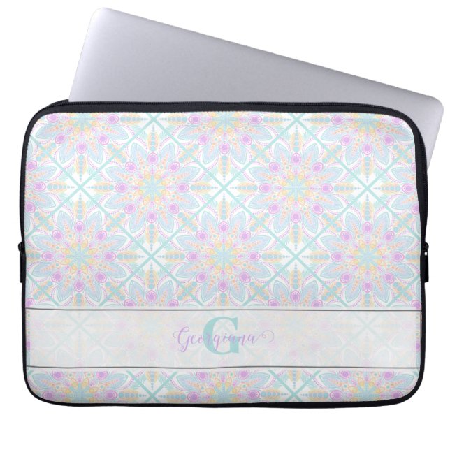 Personalised Pastel Rainbow Floral Mandala Tiled Laptop Sleeve (Front)