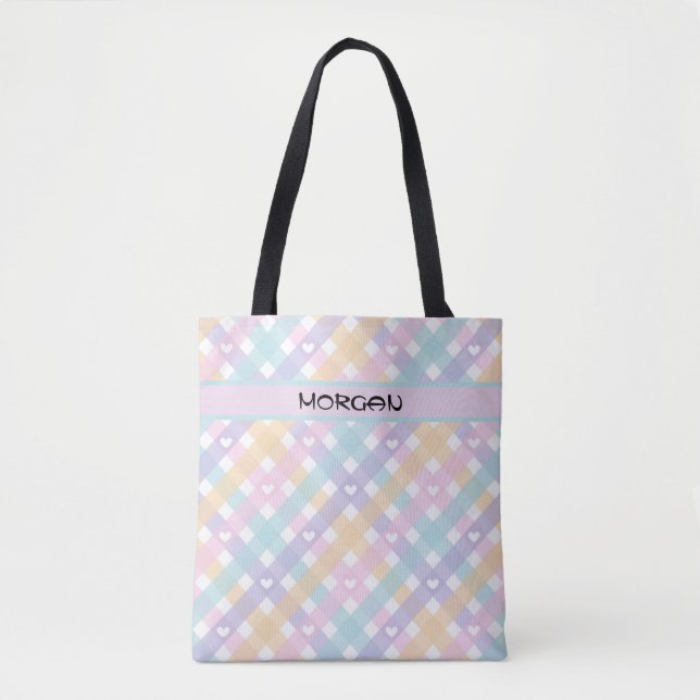 Personalised Pastel Rainbow Gingham Pattern Tote Bag (Front)