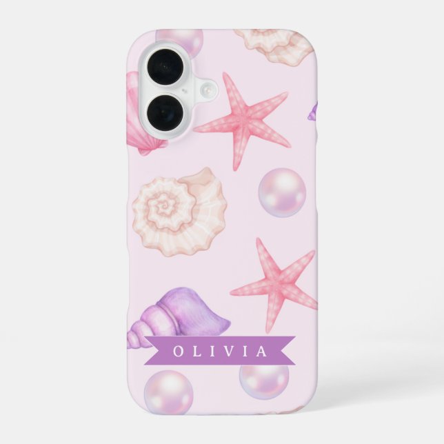 Personalised Pastel Seashell Coastal Custom Name iPhone 16 Case (Back)