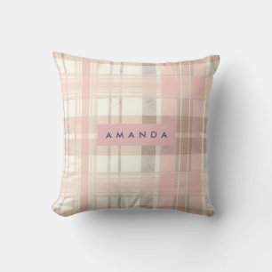 Personalised Pastel Soft Blush Beige Plaid Cushion
