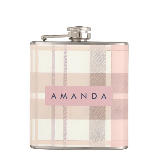 Personalised Pastel Soft Blush Beige Plaid Hip Flask (Front)
