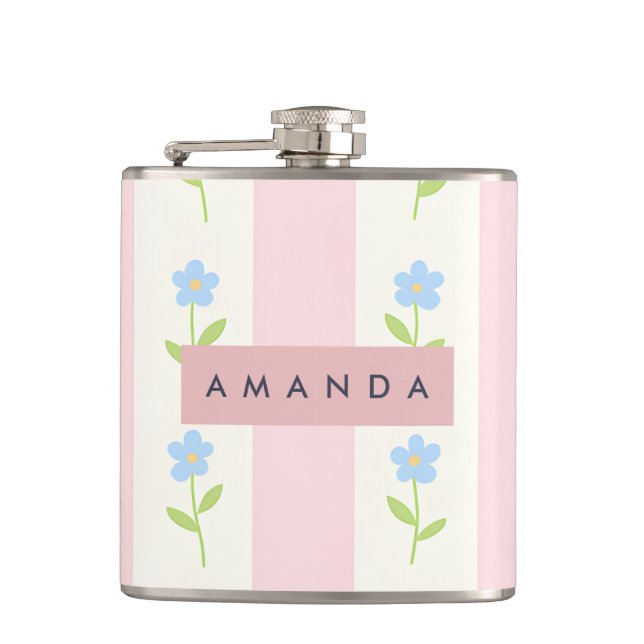 Personalised Pastel Stripes with Flower Pattern Hip Flask (Front)