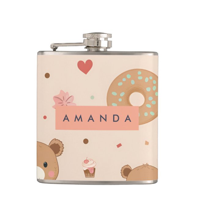 Personalised Pastel Teddy Bear and Doughnut Desser Hip Flask (Front)