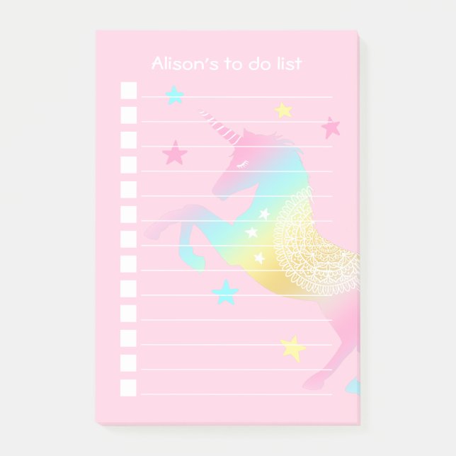 Personalised Pastel Unicorn To Do List Post-it Notes (Front)