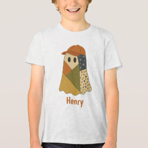 Personalised Patchwork Ghost Halloween Custom Name Tri-Blend Shirt