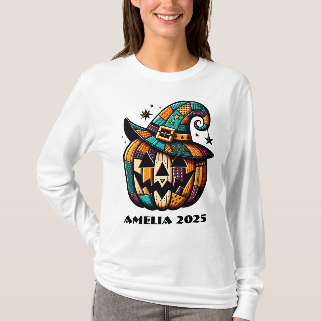 Personalised Patchwork Pumpk Halloween  T-Shirt (Front)