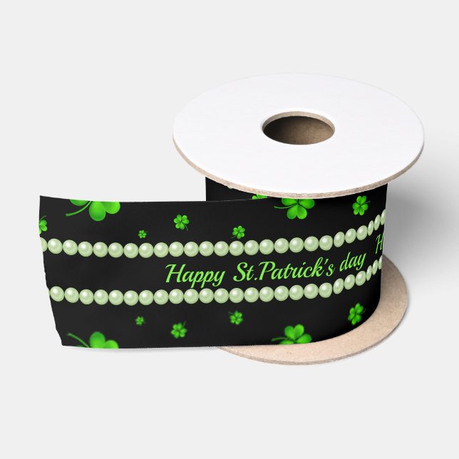 Personalised Pattern of green shamrocks with pearl Satin Ribbon (Spool)