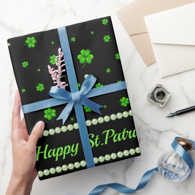 Personalised Pattern of green shamrocks with pearl Wrapping Paper (Gifting)