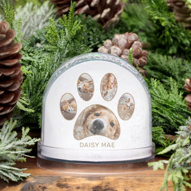 Personalised Paw Print Pet Name Year Photo Collage Snowglobe (Winter)
