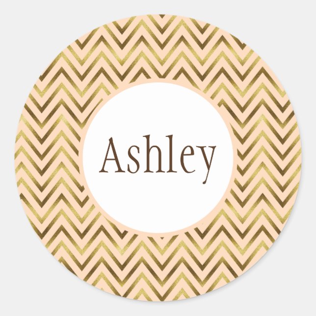 Personalised Peach and Gold Chevron Stripe Classic Round Sticker (Front)