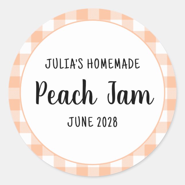 Personalised Peach Buffalo Plaid Jam Classic Round Sticker (Front)