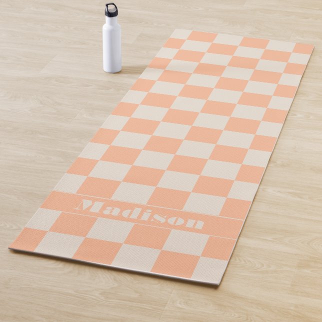 Personalised Peach Chequered Pastel Pattern Yoga Mat (In Situ)