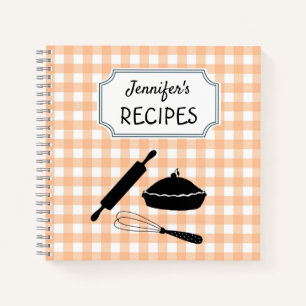 Personalised Peach Gingham Plaid Pattern Recipe  Notebook