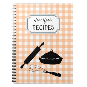 Personalised Peach Gingham Plaid Pattern Recipe Notebook