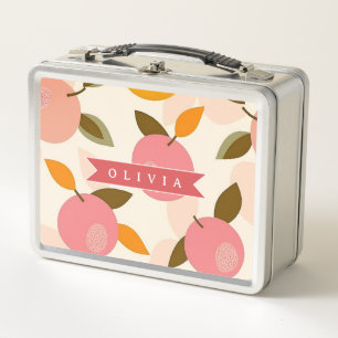 Personalised Peach Pattern Cute Retro Summer Metal Lunch Box