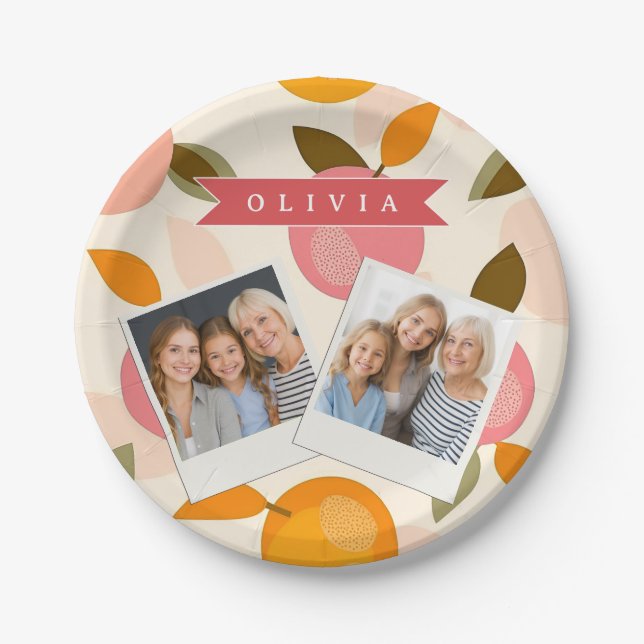 Personalised Peach Pattern Cute Retro Summer Paper Plate (Front)