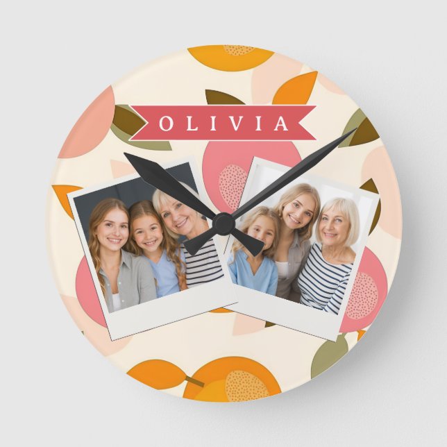 Personalised Peach Pattern Cute Retro Summer Round Clock (Front)