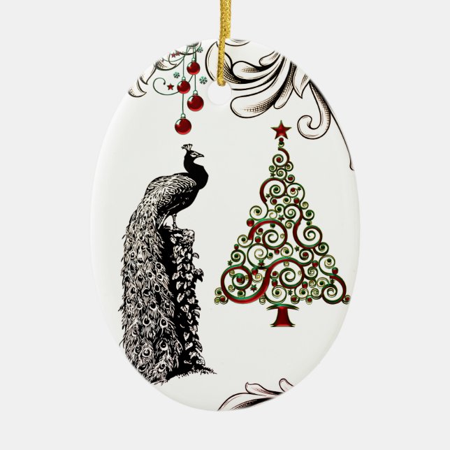 Personalised Peacock and Christmas Tree Holiday Ceramic Tree Decoration (Front)