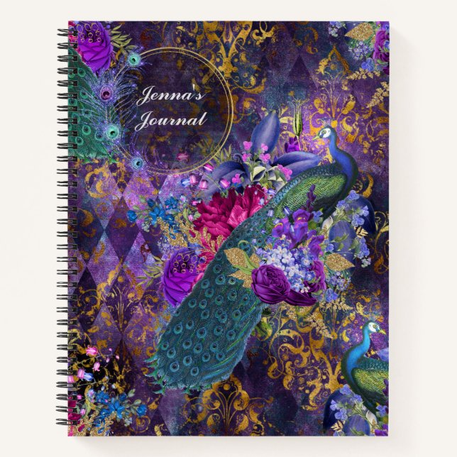 Personalised Peacock and Flowers on Purple Notebook (Front)