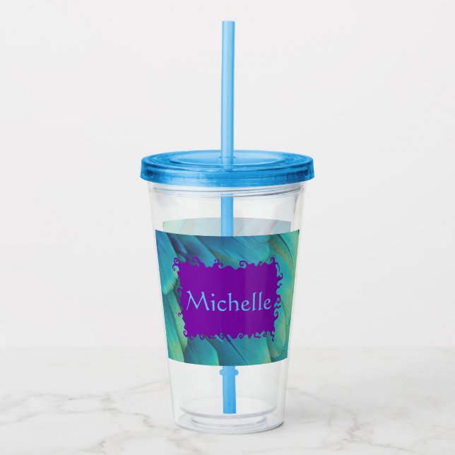 Personalised Peacock Feather Cup With Lid & Straw (Front)