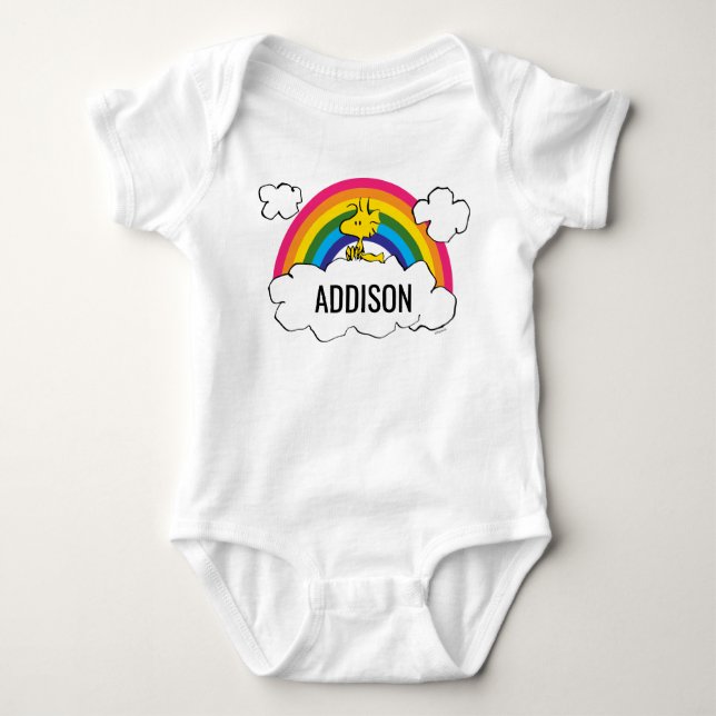 Personalised Peanuts Woodstock Rainbow & Clouds Baby Bodysuit (Front)