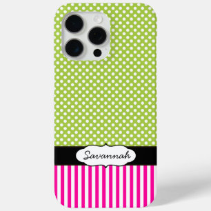 Personalised Peapod Lime Polka Dot Pink Stripe iPhone 15 Pro Max Case