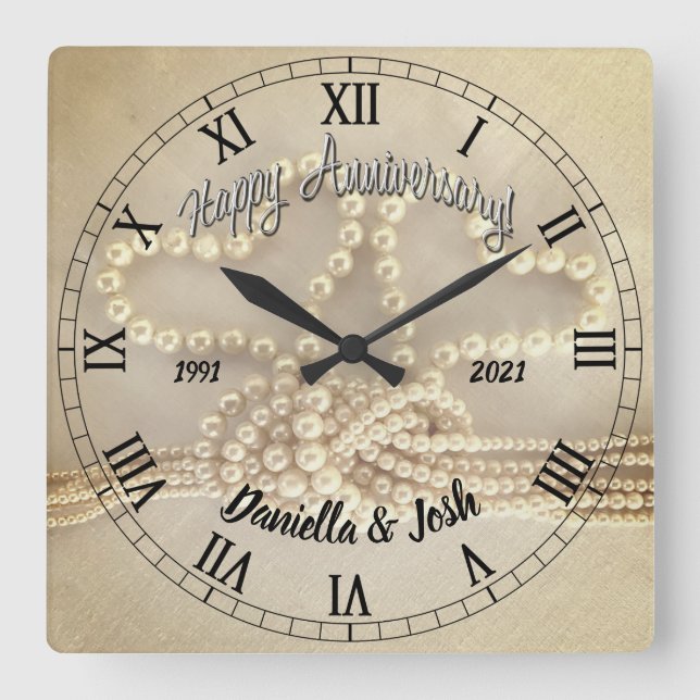 Personalised Pearl 30th Wedding Anniversary Square Wall Clock (Front)