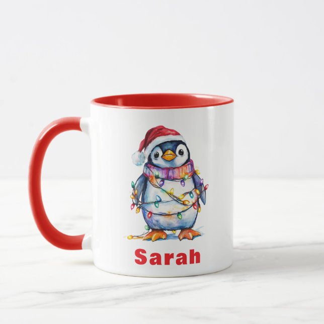 Personalised Penguin Christmas Lights Custom Name Mug (Left)