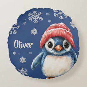 Personalised Penguin Christmas Snowflake Round Cushion