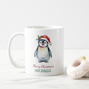 Personalised Penguin in Santa Hat Christmas Coffee Mug