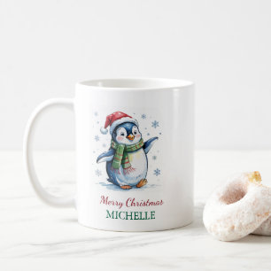 Personalised Penguin in Santa Hat Christmas Coffee Mug