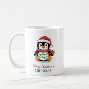 Personalised Penguin in Santa Hat Christmas Coffee Mug