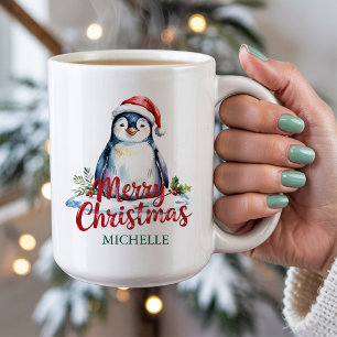 Personalised Penguin in Santa Hat Christmas Coffee Mug