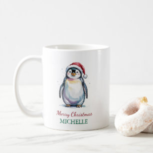 Personalised Penguin in Santa Hat Christmas Coffee Mug
