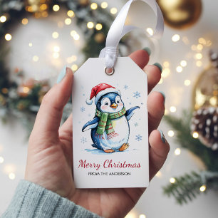 Personalised Penguin in Santa Hat Christmas Gift Tags