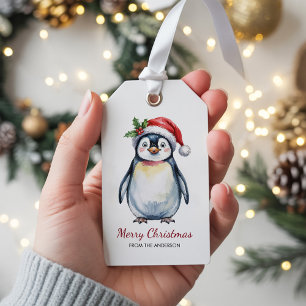 Personalised Penguin in Santa Hat Christmas Gift Tags