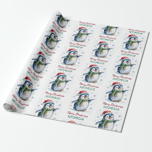 Personalised Penguin in Santa Hat Christmas        Wrapping Paper