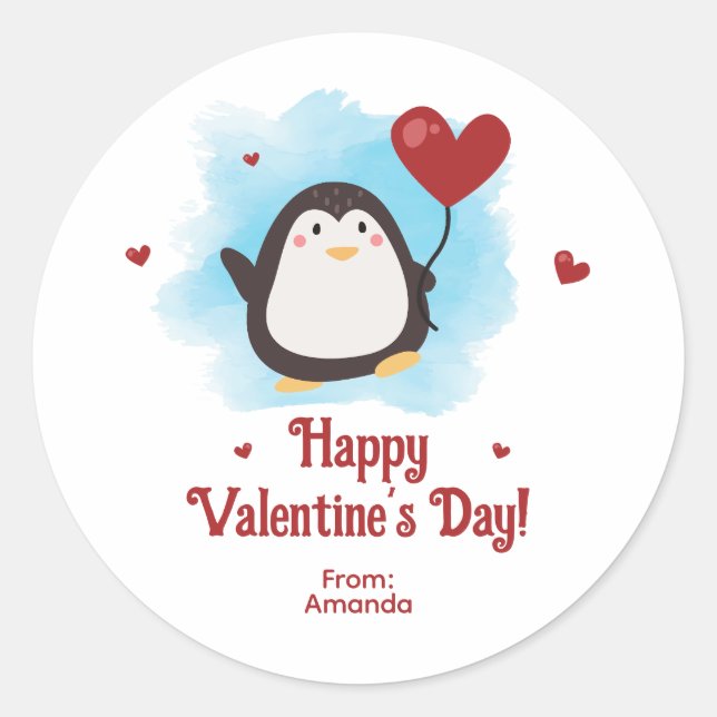 Personalised Penguin Valentine's Day Classic Round Sticker (Front)