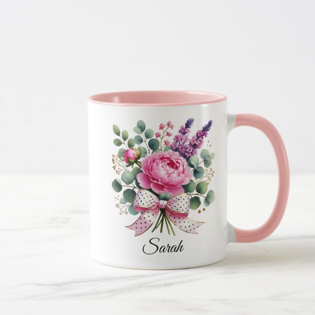Personalised Peony Floral Name Mug Gift (Right)