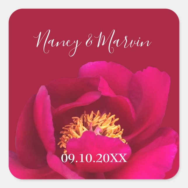 Personalised Peony Rose Ruby Red 40th Anniversary Square Sticker (Front)