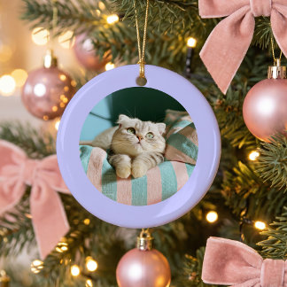 Personalised Periwinkle Round Border Photo Ceramic Tree Decoration