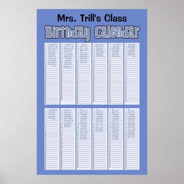 Personalised Perpetual Birthday Calendar Poster (Front)