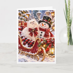Personalised Persian Cat and Snowman Christmas Sle Holiday Card