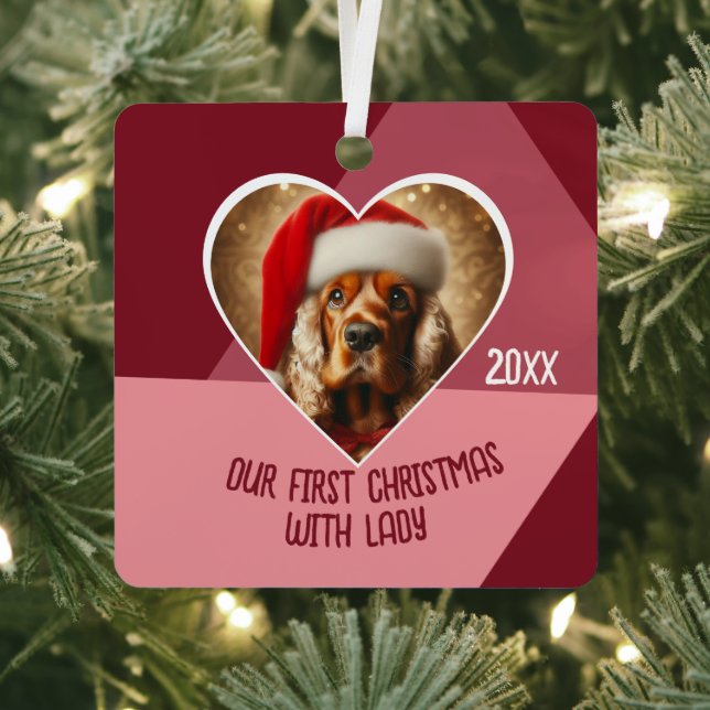Personalised Pet Adoption Photo Dog First Xmas Metal Tree Decoration (Insitu)
