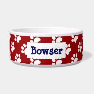 Personalised Pet Bowl, RW&B, Paw Prints, add Name