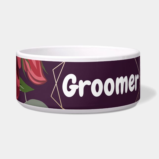 Personalised Pet Bowls Plum Purple Roses Gold Geom (Front)