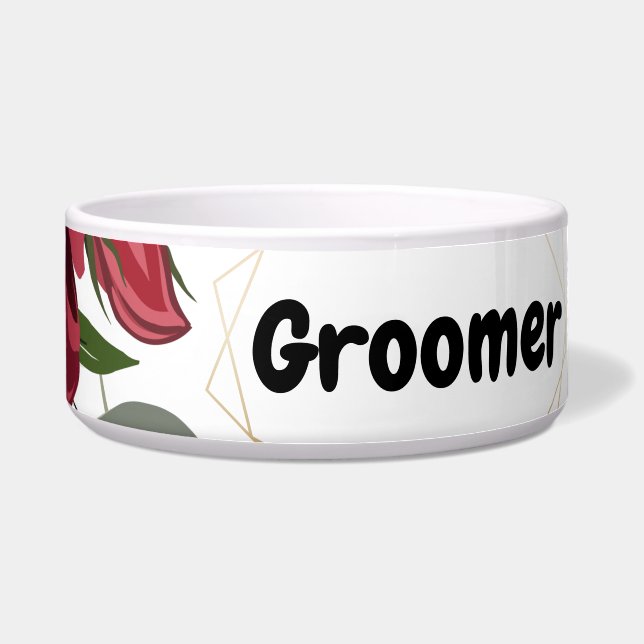 Personalised Pet Bowls White Roses Gold Geom (Front)