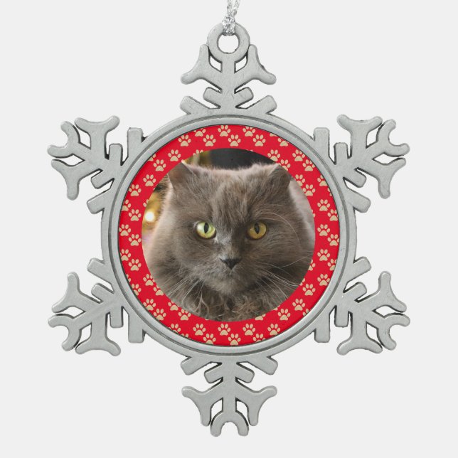 Personalised Pet Cat Dog Christmas Red Gold Snowflake Pewter Christmas Ornament (Front)